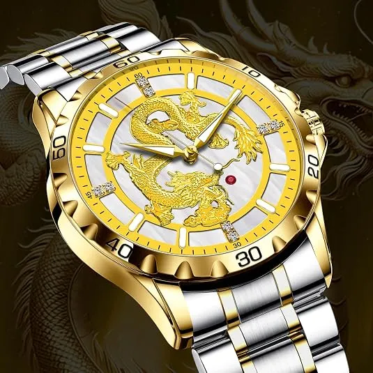 Gold Dragon-Dial Watch with Steel Bracelet — view 1