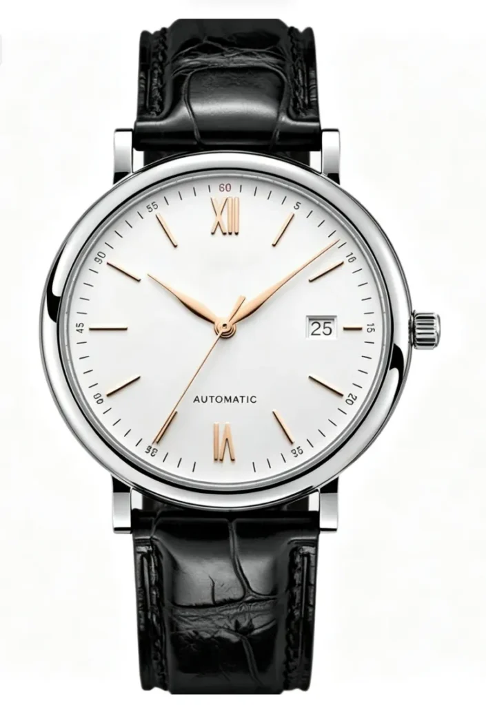 White-Dial Automatic Watch with Black Leather Strap — view 1